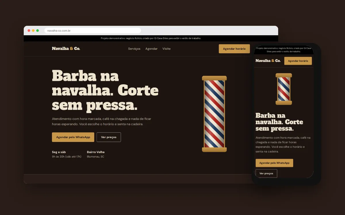 Site da barbearia Navalha & Co., vista no computador e no celular