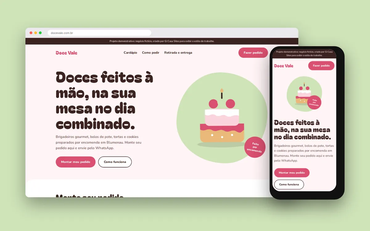 Site da Doce Vale Confeitaria, vista no computador e no celular