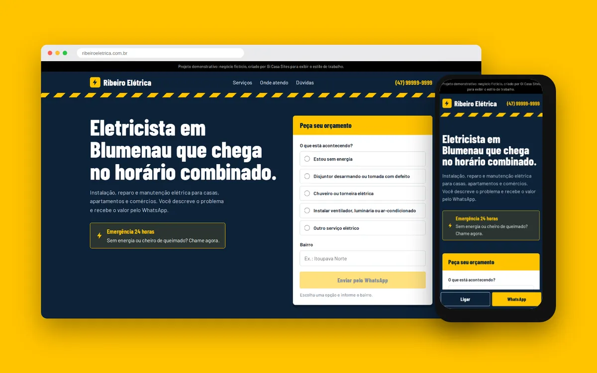 Site do eletricista Ribeiro Elétrica, vista no computador e no celular